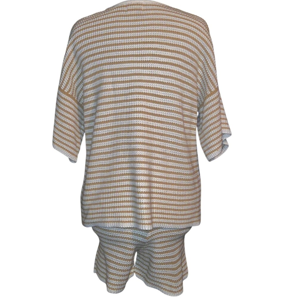Sabo Beige Stripe Knit Two-Piece High Waisted Lounge Resort Vacation Short Set-S - Picture 8 of 8